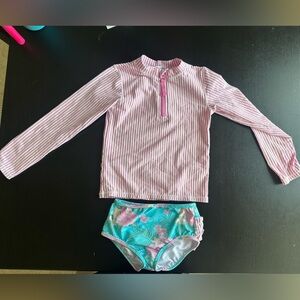 Ruffle Butts Pink Seersucker Rashguard and Tropical bottoms swim set